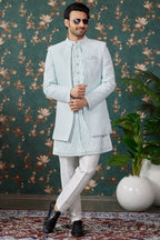 Sky Blue Art Silk Traditional Sherwani Long Kurta & Pant for Men for Wedding - Embroidery Work, Bead Work