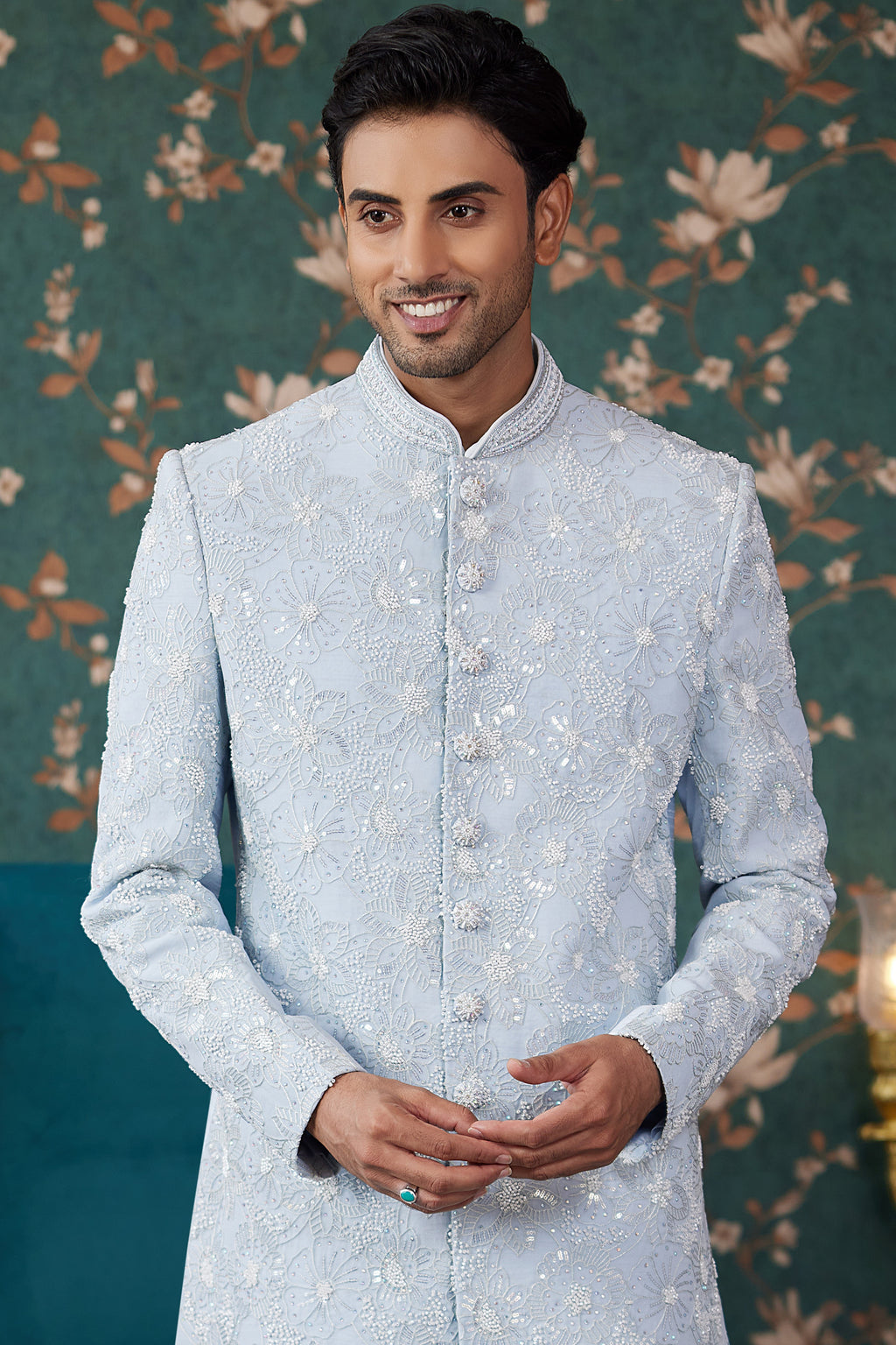 Sky Blue Art Silk Traditional Sherwani Long Kurta & Chudidar for Men for Wedding - Embroidery Work, Bead Work