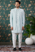Sky Blue Art Silk Traditional Sherwani Long Kurta & Pant for Men for Wedding - Embroidery Work, Bead Work