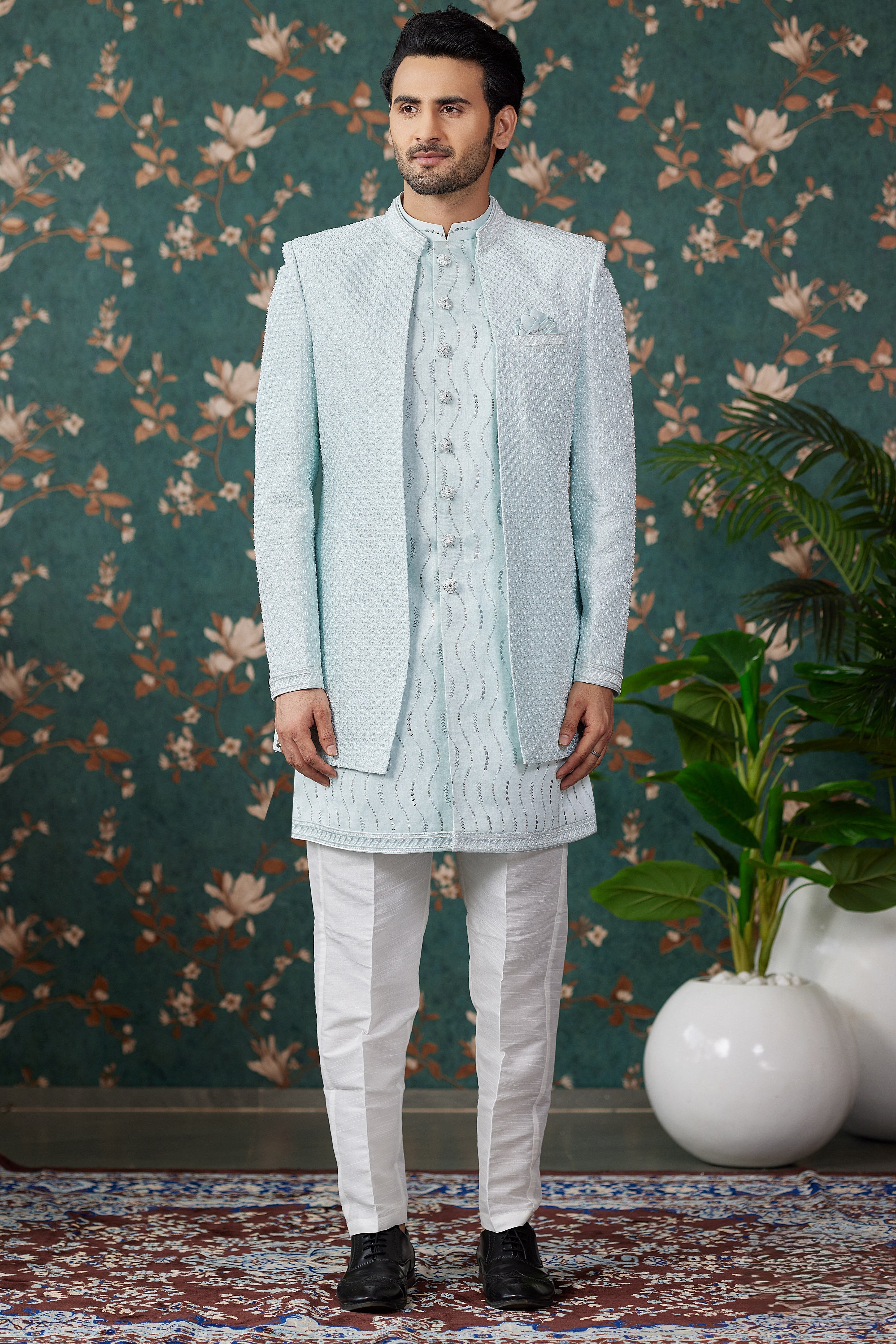 Sky Blue Art Silk Traditional Sherwani Long Kurta & Pant for Men for Wedding - Embroidery Work, Bead Work