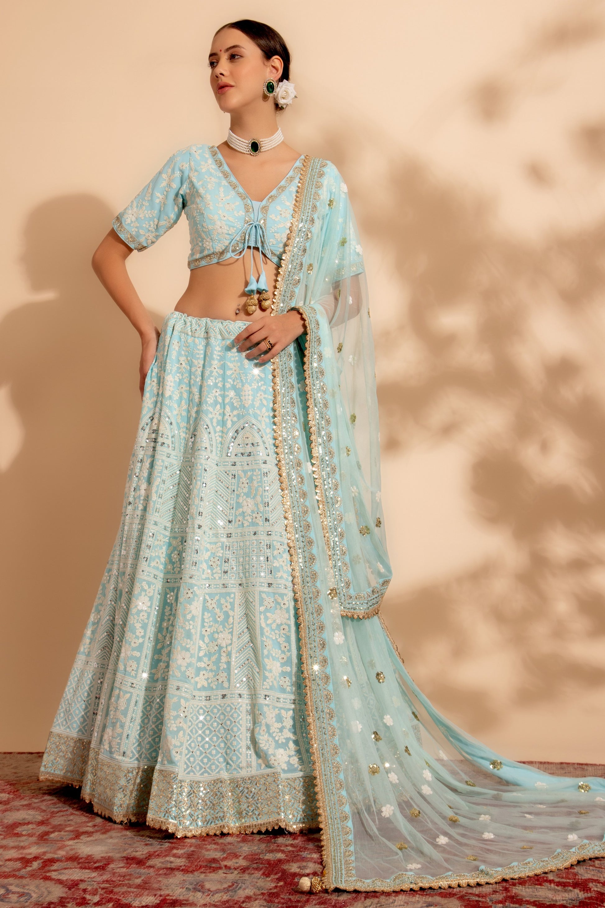 Sky Blue Georgette Lehenga Choli For Indian Festivals & Weddings - Sequence Embroidery Work, Thread Embroidery Work