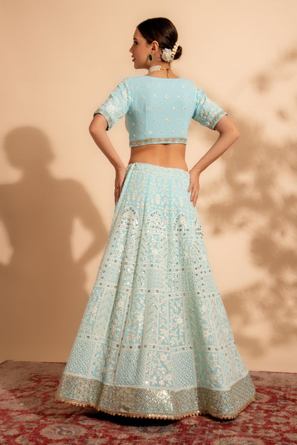 Sky Blue Georgette Lehenga Choli For Indian Festivals & Weddings - Sequence Embroidery Work, Thread Embroidery Work