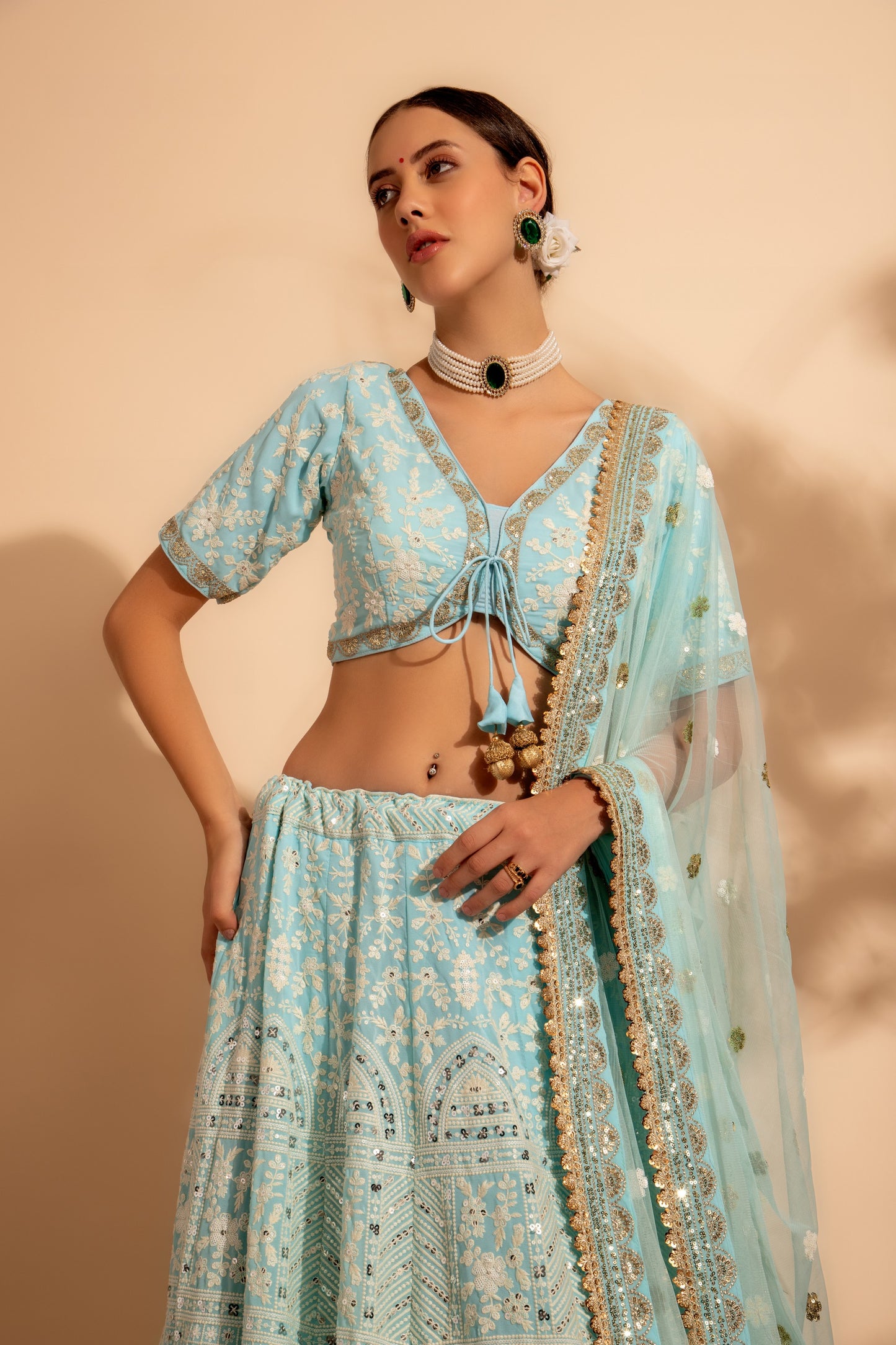 Sky Blue Georgette Lehenga Choli For Indian Festivals & Weddings - Sequence Embroidery Work, Thread Embroidery Work