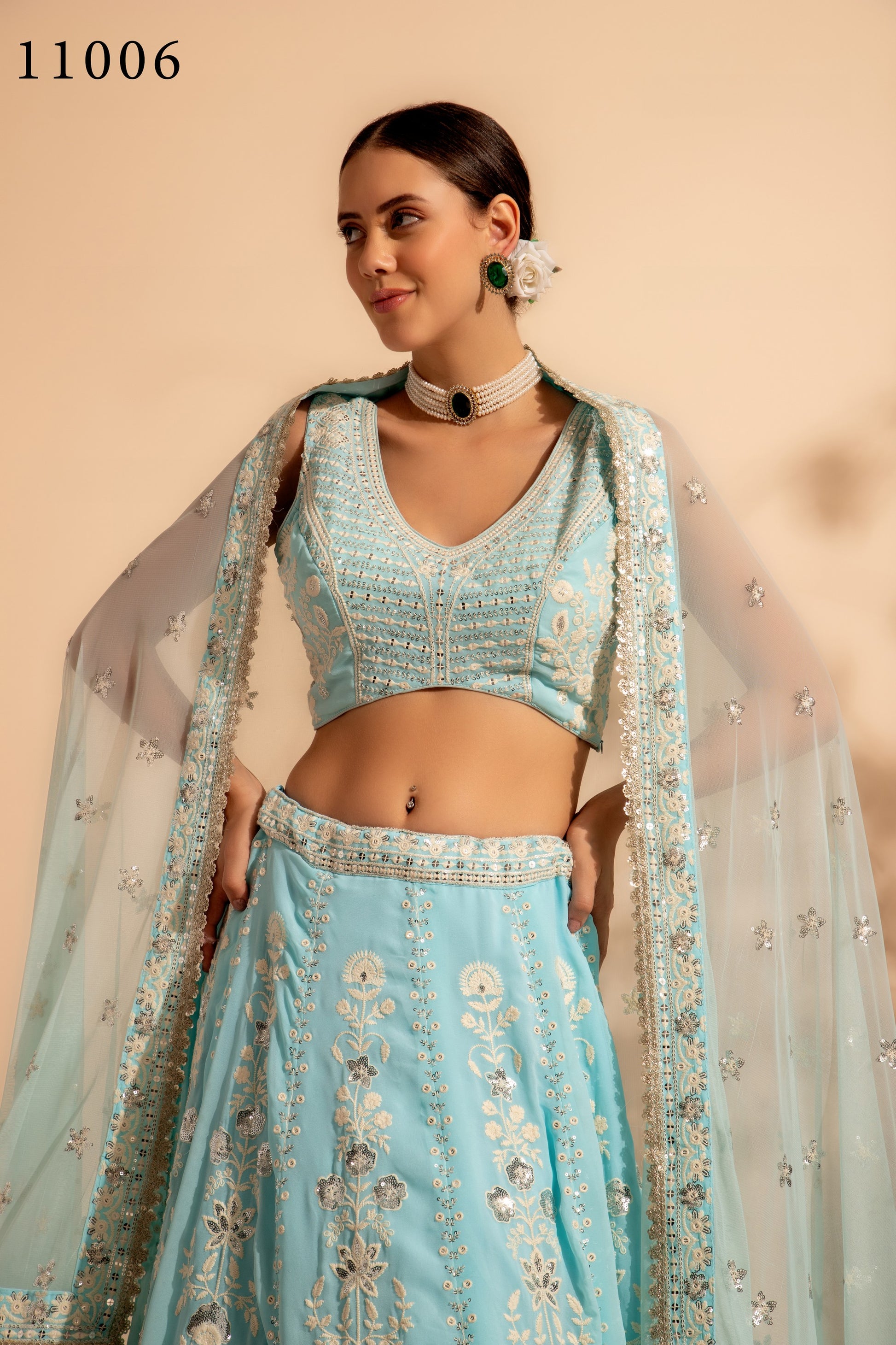 Sky Blue Georgette Lehenga Choli For Indian Festivals & Wedding - Thread Embroidery Work, Sequence Embroidery Work