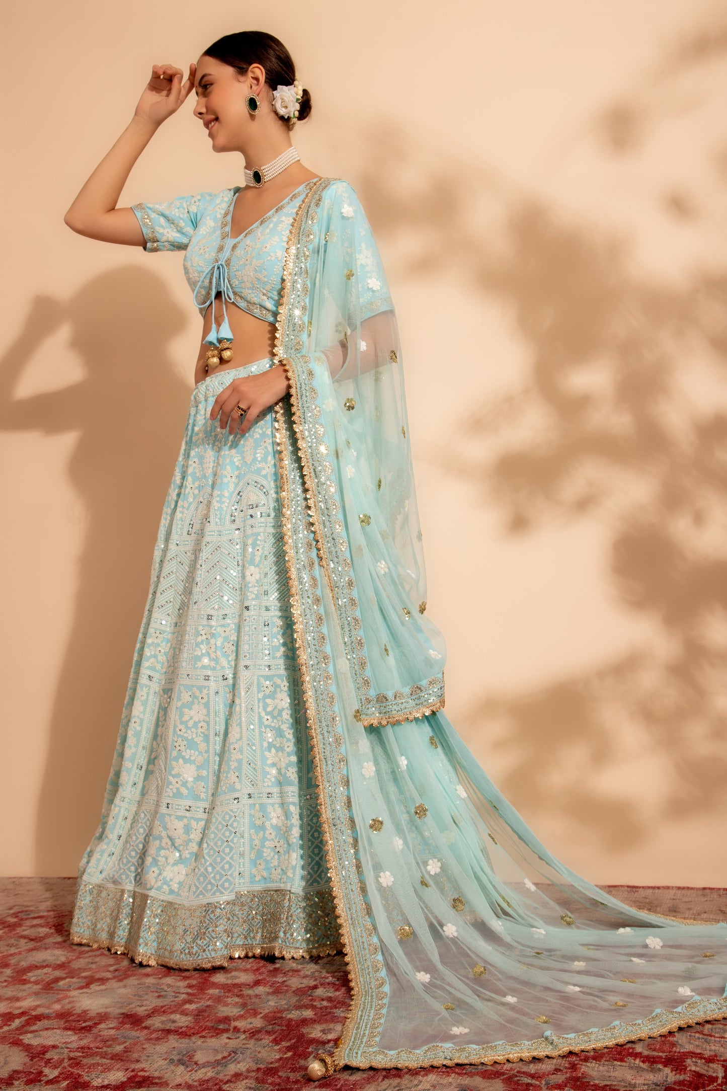 Sky Blue Georgette Lehenga Choli For Indian Festivals & Weddings - Sequence Embroidery Work, Thread Embroidery Work