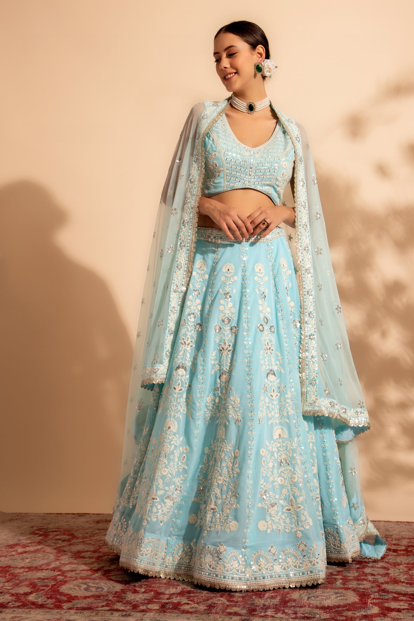 Sky Blue Georgette Lehenga Choli For Indian Festivals & Wedding - Thread Embroidery Work, Sequence Embroidery Work