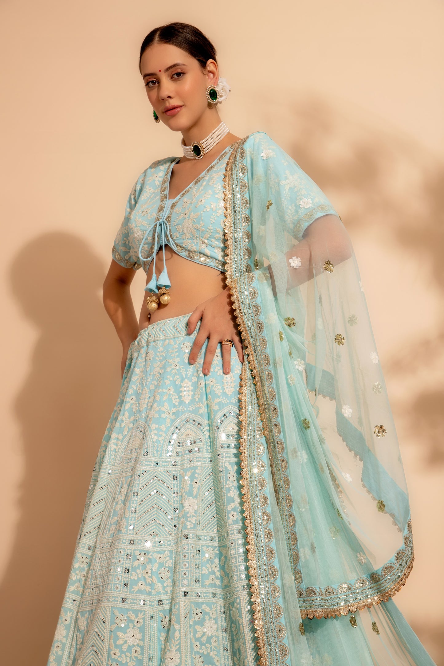 Sky Blue Georgette Lehenga Choli For Indian Festivals & Weddings - Sequence Embroidery Work, Thread Embroidery Work