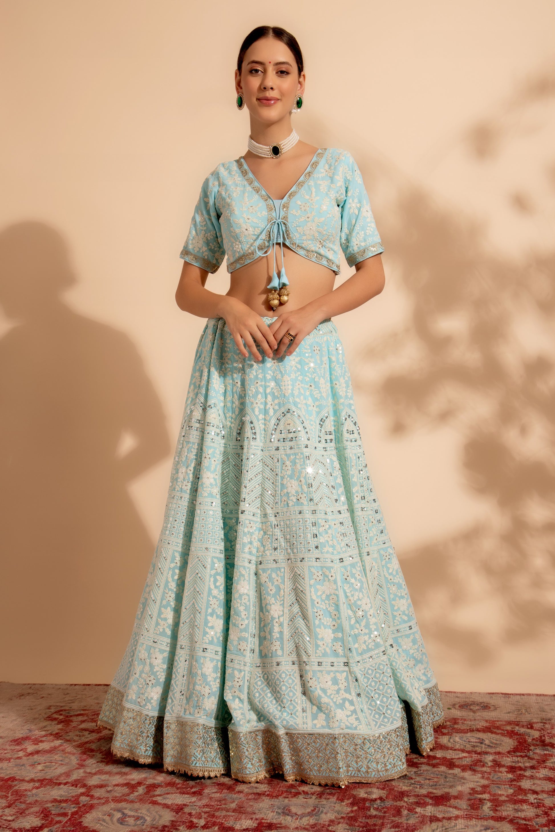 Sky Blue Georgette Lehenga Choli For Indian Festivals & Weddings - Sequence Embroidery Work, Thread Embroidery Work