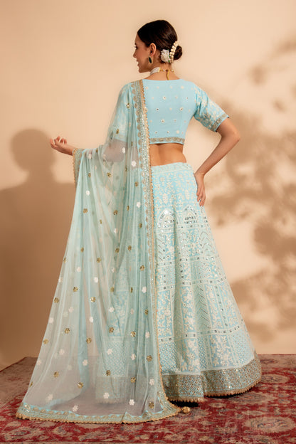 Sky Blue Georgette Lehenga Choli For Indian Festivals & Weddings - Sequence Embroidery Work, Thread Embroidery Work