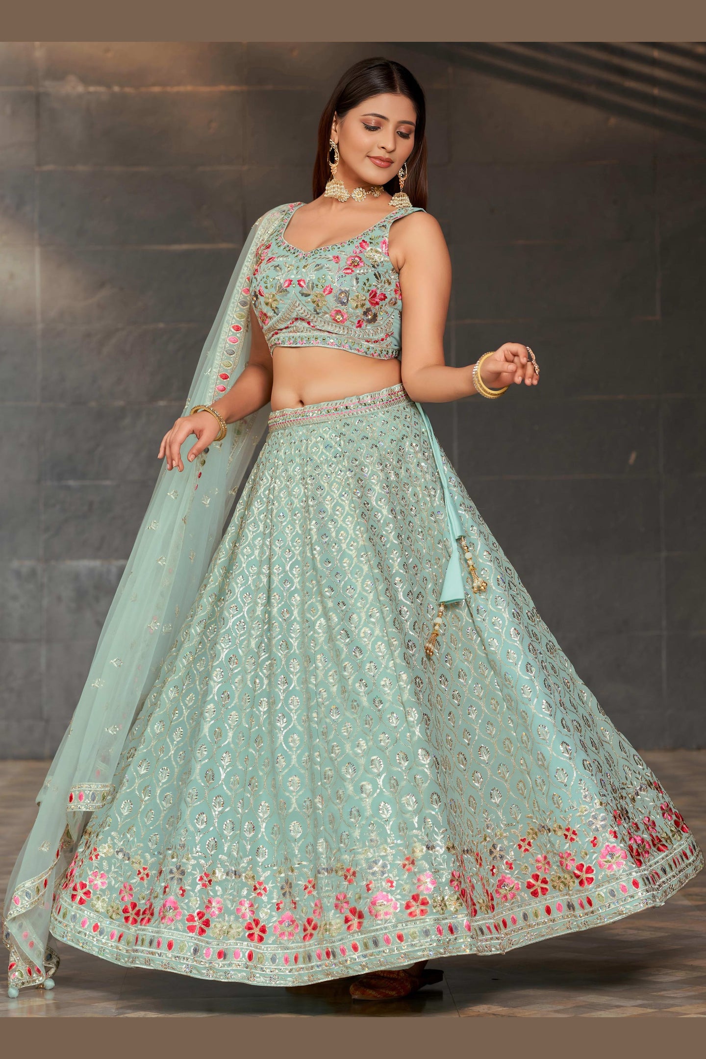 Sky Blue Georgette Lehenga Choli For Indian & Pakistani Wedding Festival - Sequins & Thread Embroidery Work, Zari Work, Embroidery Work, Real Mirror Work