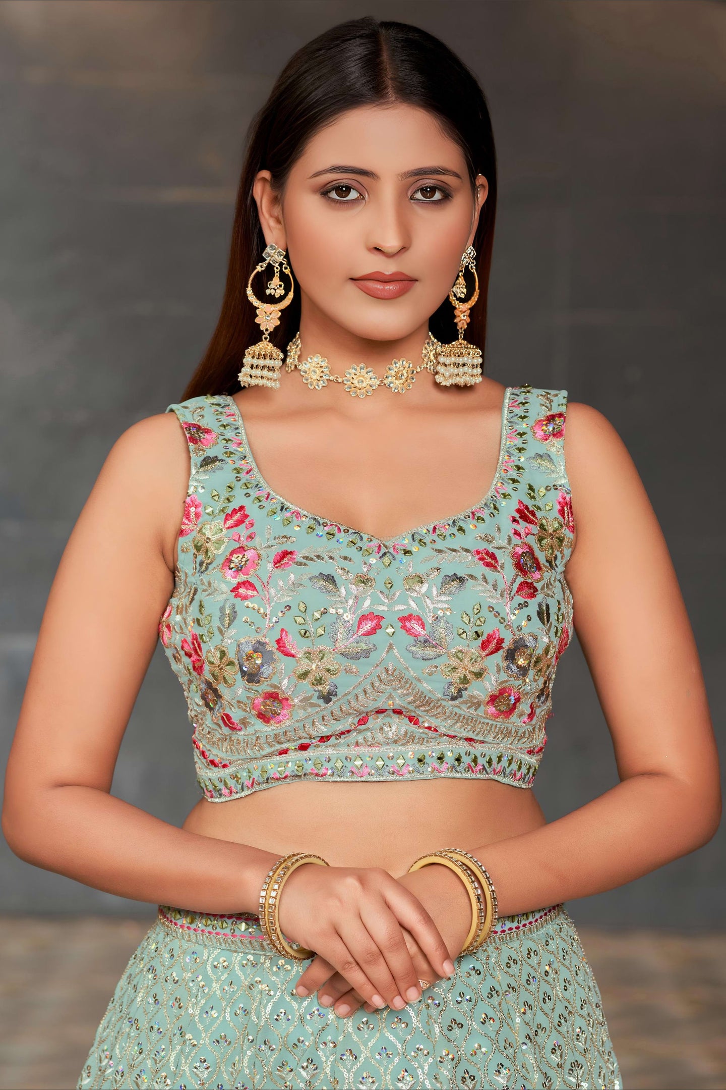 Sky Blue Georgette Lehenga Choli For Indian & Pakistani Wedding Festival - Sequins & Thread Embroidery Work, Zari Work, Embroidery Work, Real Mirror Work
