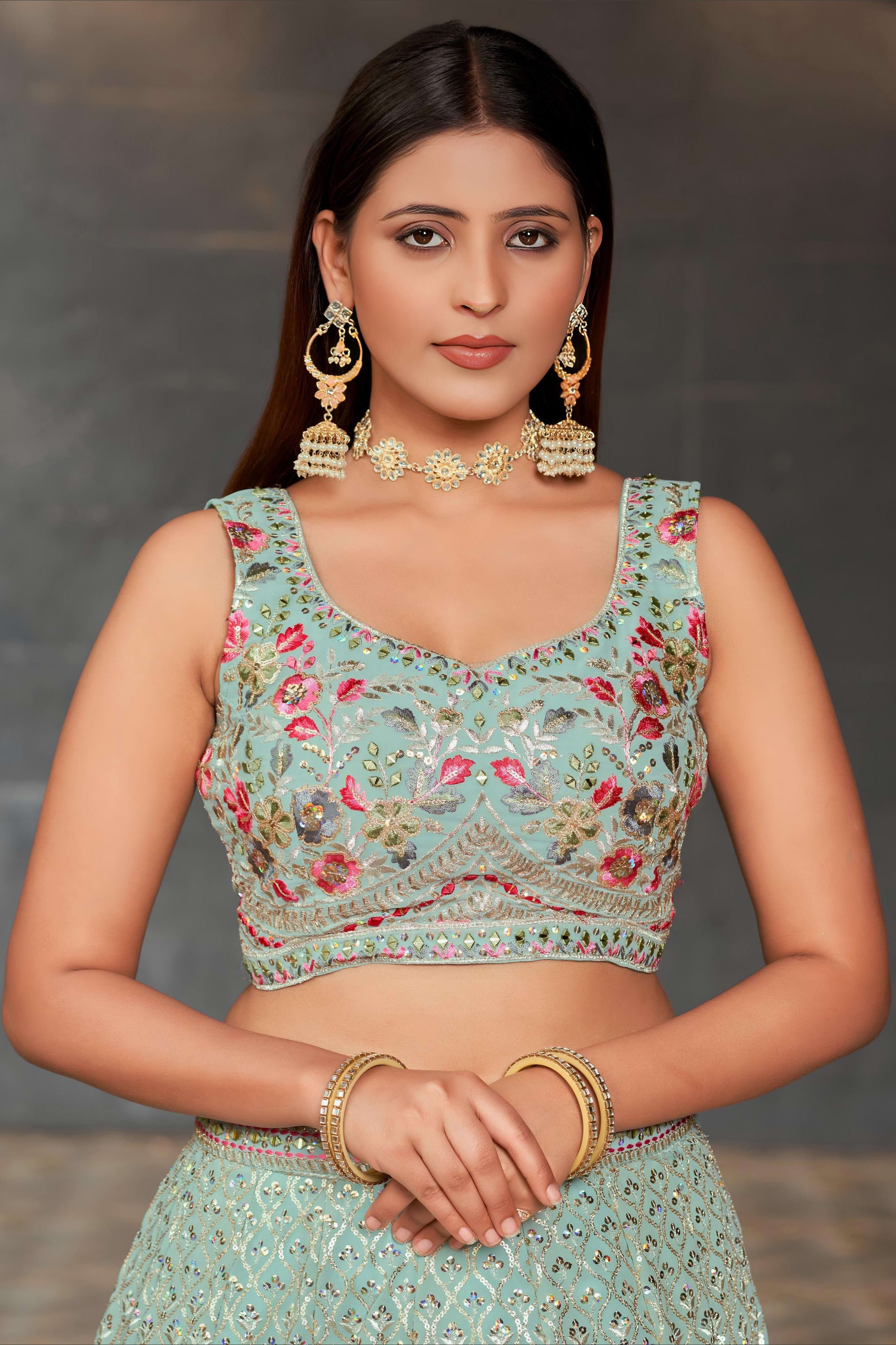 Sky Blue Georgette Lehenga Choli For Indian & Pakistani Wedding Festival - Sequins & Thread Embroidery Work, Zari Work, Embroidery Work, Real Mirror Work