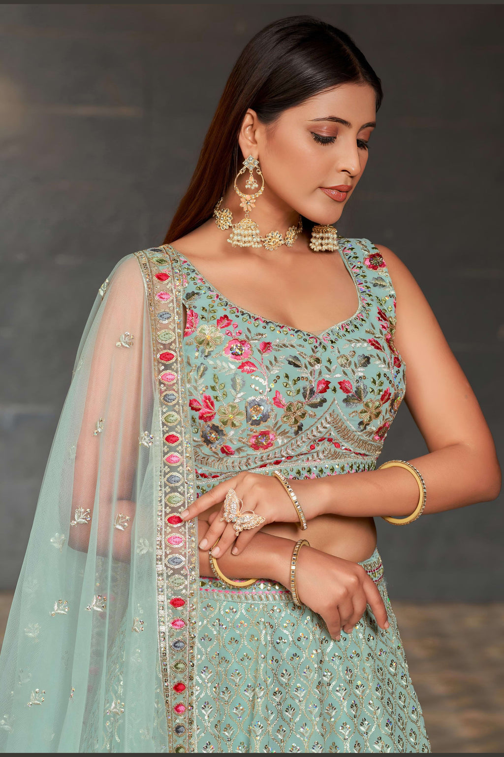 Sky Blue Georgette Lehenga Choli For Indian & Pakistani Wedding Festival - Sequins & Thread Embroidery Work, Zari Work, Embroidery Work, Real Mirror Work