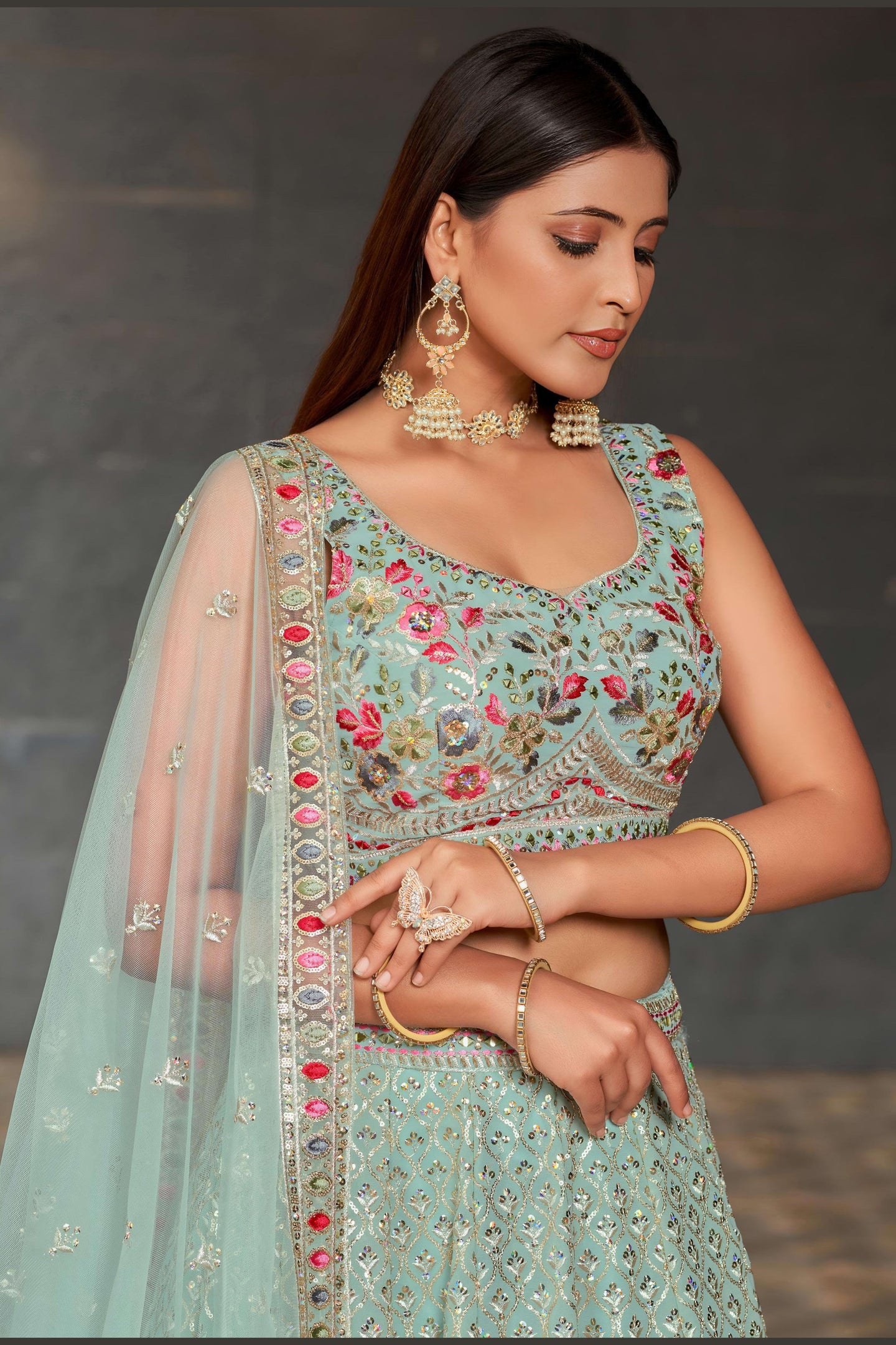 Sky Blue Georgette Lehenga Choli For Indian & Pakistani Wedding Festival - Sequins & Thread Embroidery Work, Zari Work, Embroidery Work, Real Mirror Work