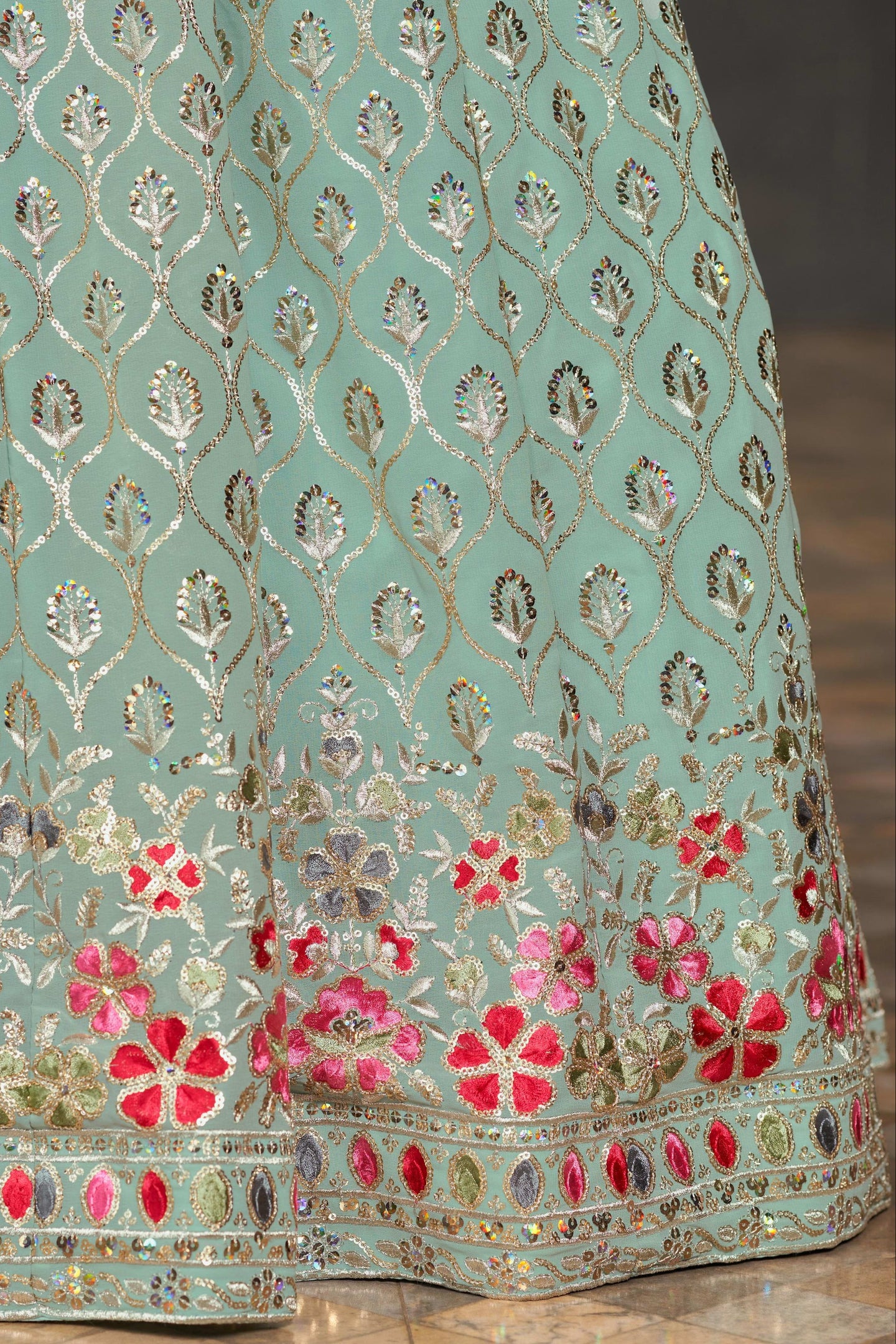 Sky Blue Georgette Lehenga Choli For Indian & Pakistani Wedding Festival - Sequins & Thread Embroidery Work, Zari Work, Embroidery Work, Real Mirror Work