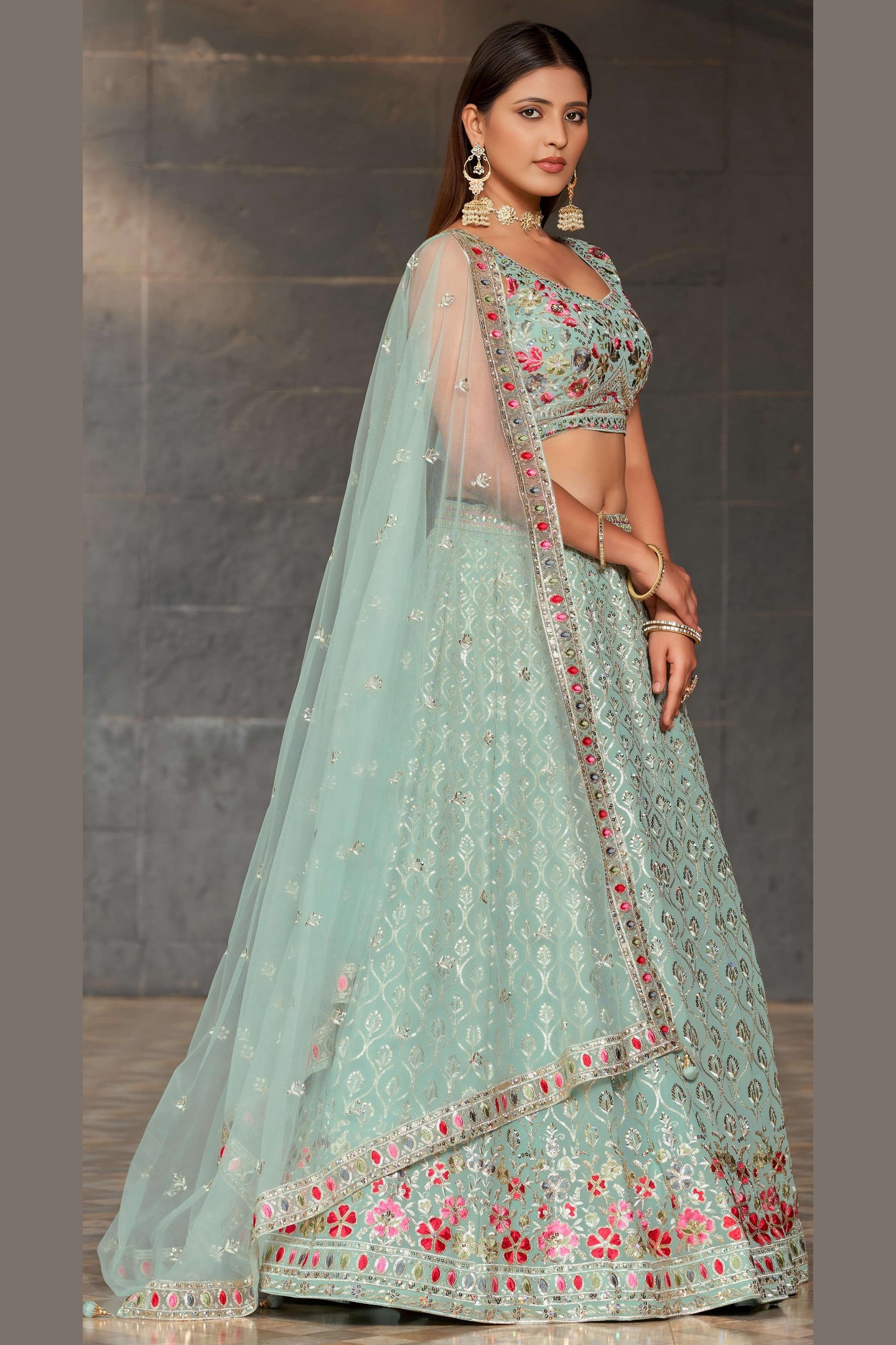 Sky Blue Georgette Lehenga Choli For Indian & Pakistani Wedding Festival - Sequins & Thread Embroidery Work, Zari Work, Embroidery Work, Real Mirror Work