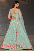 Sky Blue Georgette Lehenga Choli For Indian & Pakistani Wedding Festival - Sequins & Thread Embroidery Work, Zari Work, Embroidery Work, Real Mirror Work