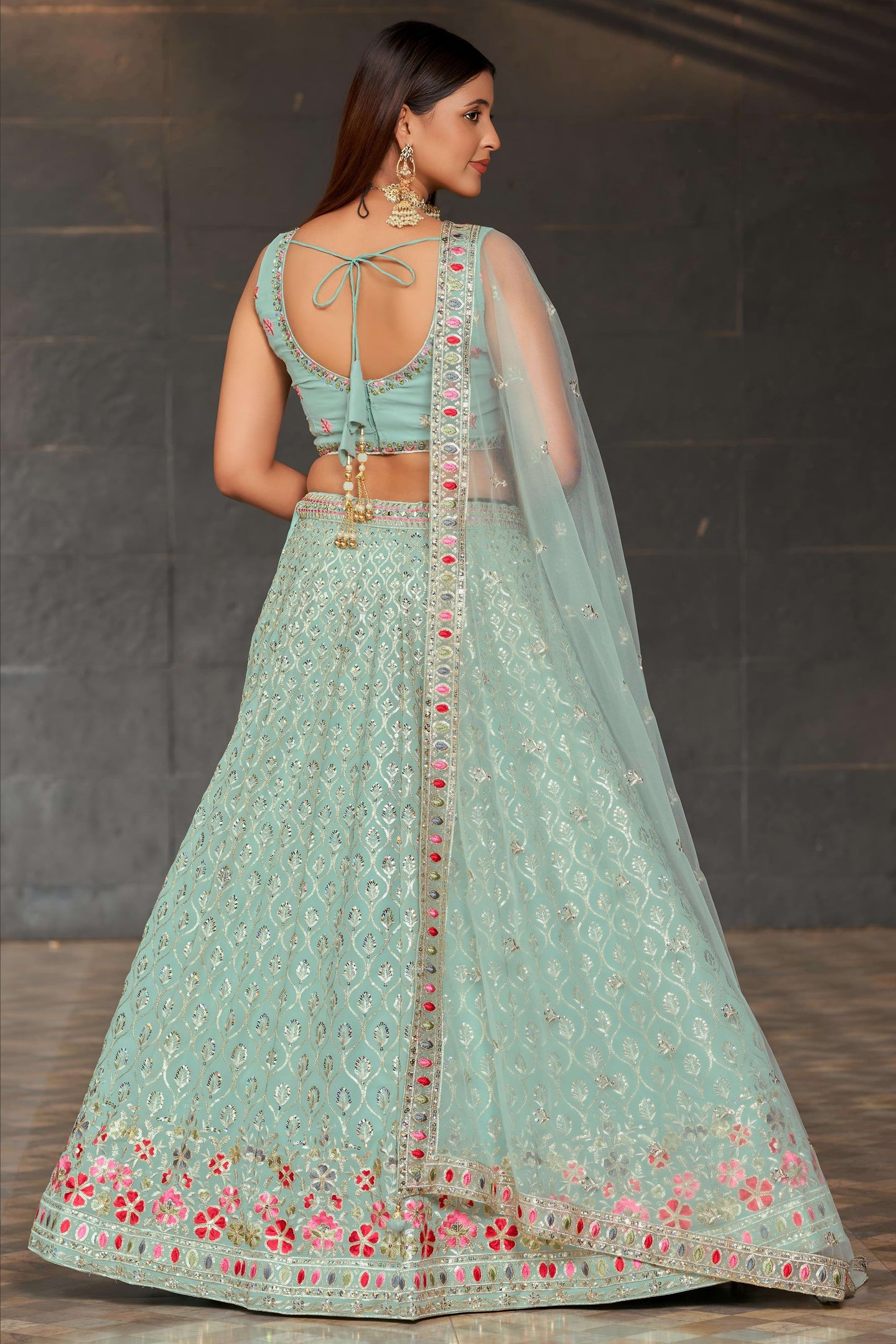 Sky Blue Georgette Lehenga Choli For Indian & Pakistani Wedding Festival - Sequins & Thread Embroidery Work, Zari Work, Embroidery Work, Real Mirror Work