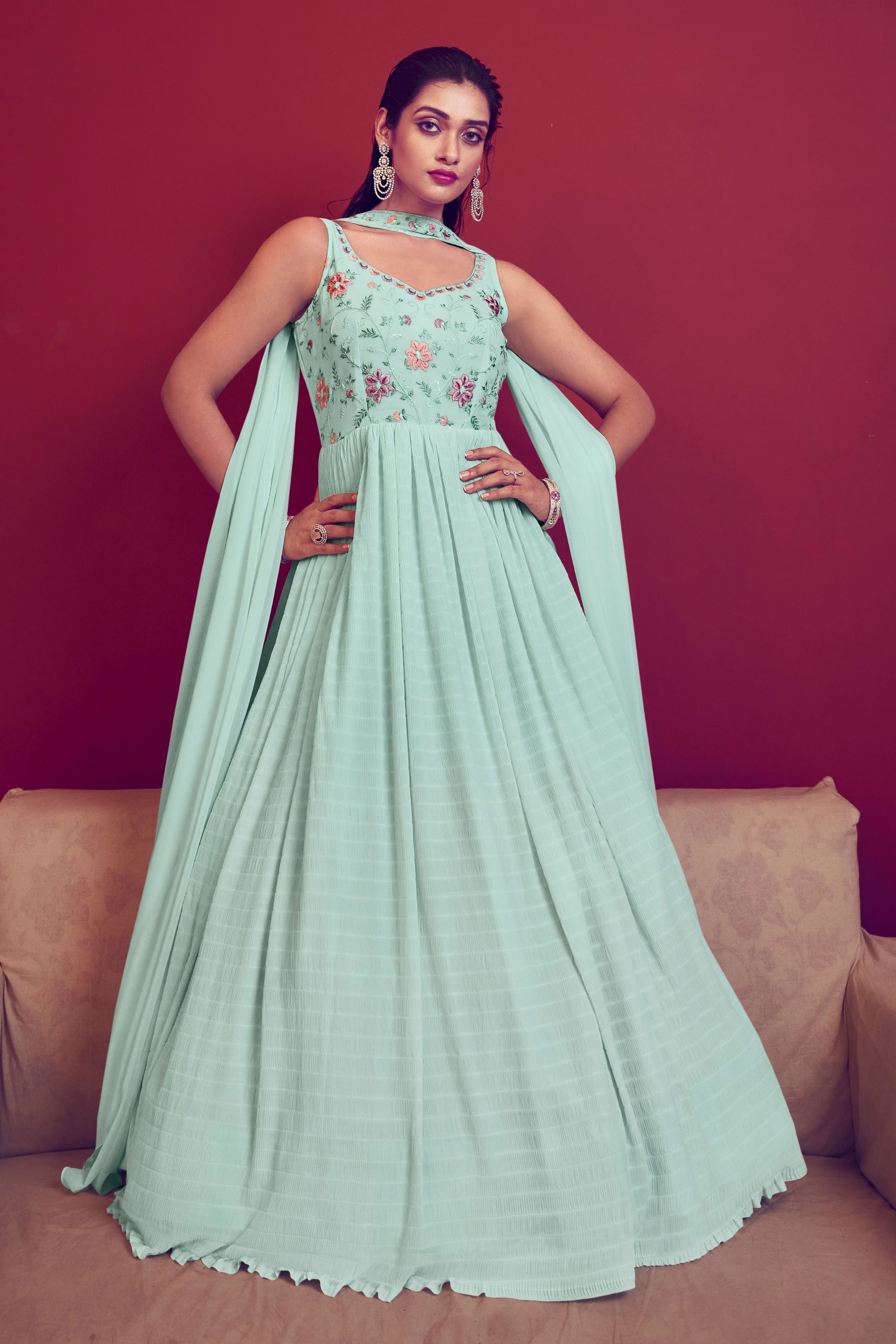 Sky Blue Georgette Lehenga Choli Set For Indian Festivals & Weddings - Sequence Work & Thread Embroidery Work