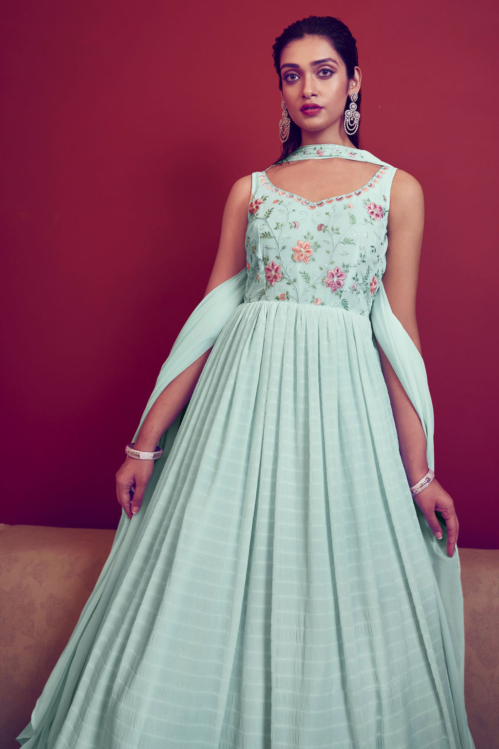 Sky Blue Georgette Lehenga Choli Set For Indian Festivals & Weddings - Sequence Work & Thread Embroidery Work