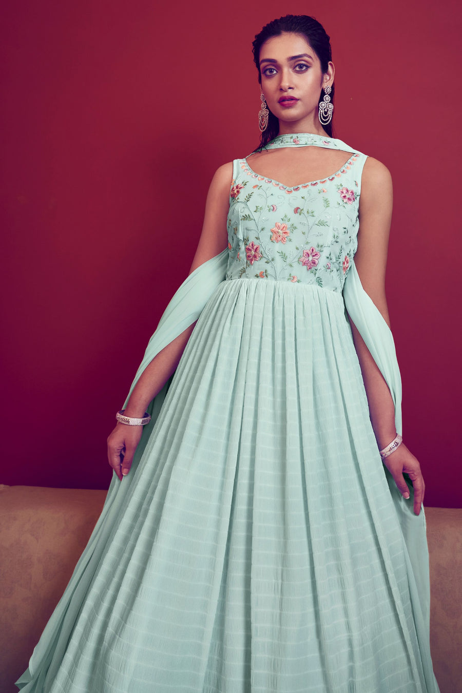 Sky Blue Georgette Lehenga Choli Set For Indian Festivals & Weddings - Sequence Work & Thread Embroidery Work