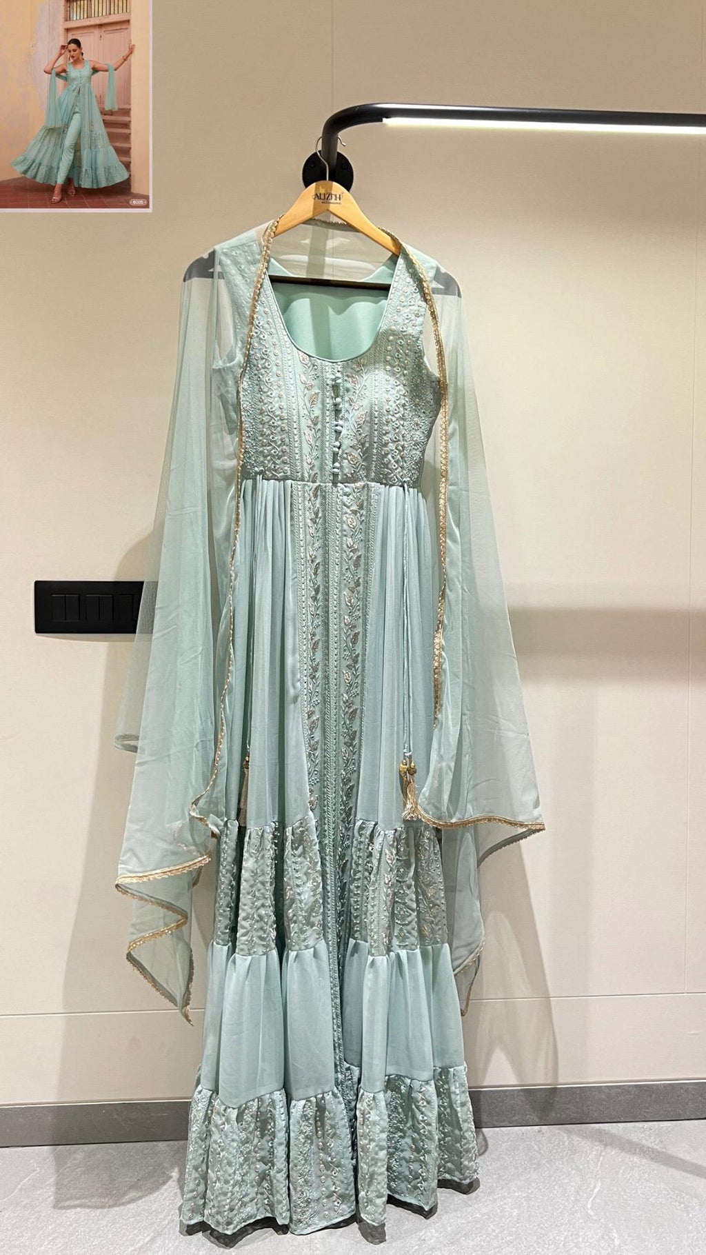 Sky Blue Georgette Long Anarkali with Front Slit and Pant For Indian Festivals & Weddings - Thread & Sequence Embroidery Work, Zari Work