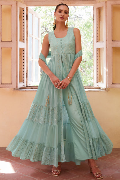 Sky Blue Georgette Long Anarkali with Front Slit and Pant For Indian Festivals & Weddings - Thread & Sequence Embroidery Work, Zari Work