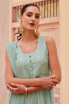 Sky Blue Georgette Long Anarkali with Front Slit and Pant For Indian Festivals & Weddings - Thread & Sequence Embroidery Work, Zari Work