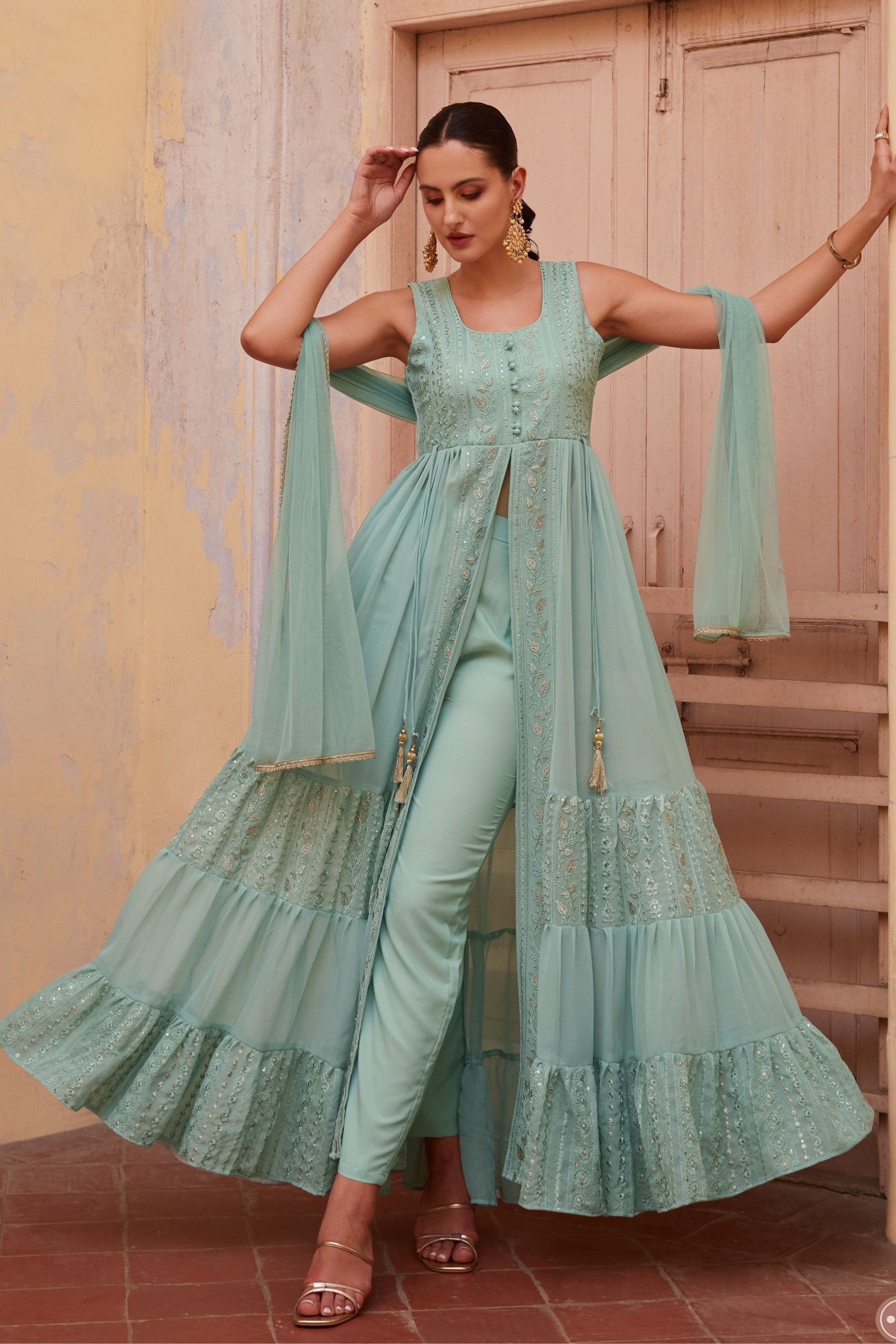 Sky Blue Georgette Long Anarkali with Front Slit and Pant For Indian Festivals & Weddings - Thread & Sequence Embroidery Work, Zari Work