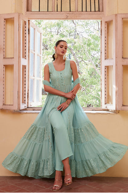 Sky Blue Georgette Long Anarkali with Front Slit and Pant For Indian Festivals & Weddings - Thread & Sequence Embroidery Work, Zari Work