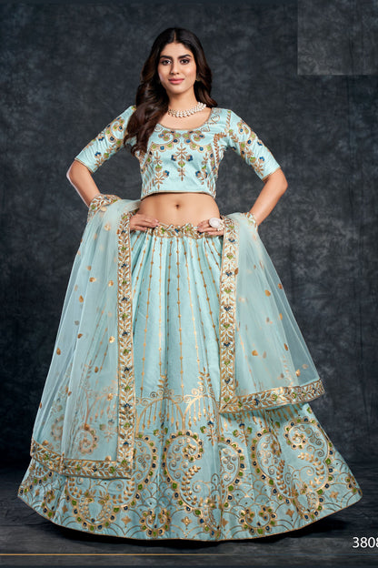 Sky Blue Indian Silk Lehenga Choli For Indian Festivals & Weddings - Sequence Embroidery Work, Thread Embroidery Work, Stone Work, Zari Work