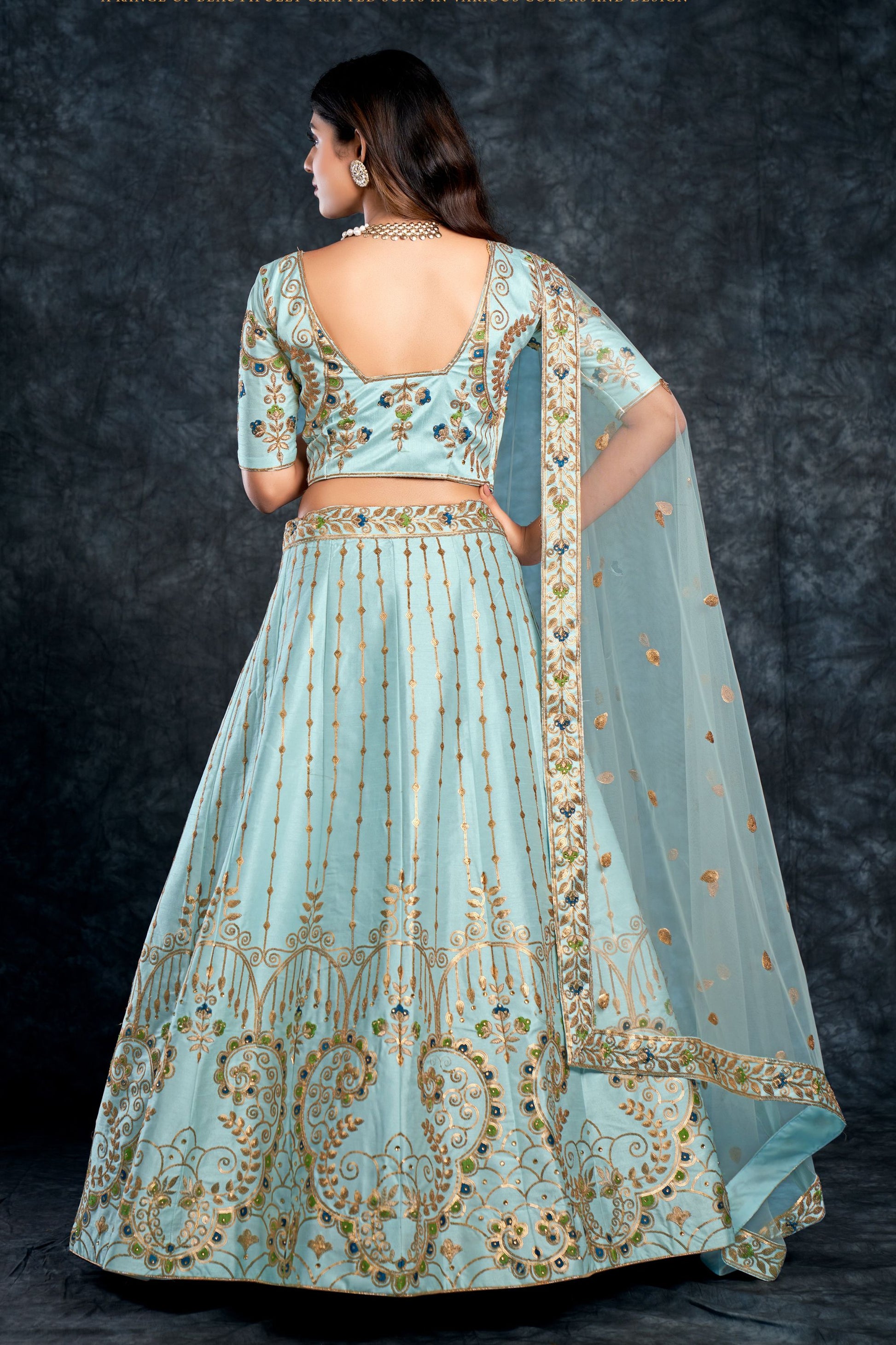Sky Blue Indian Silk Lehenga Choli For Indian Festivals & Weddings - Sequence Embroidery Work, Thread Embroidery Work, Stone Work, Zari Work