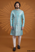 Firozi Jacquard Silk Indian Wedding Male Outfit with Embroidery Kurta Pajama