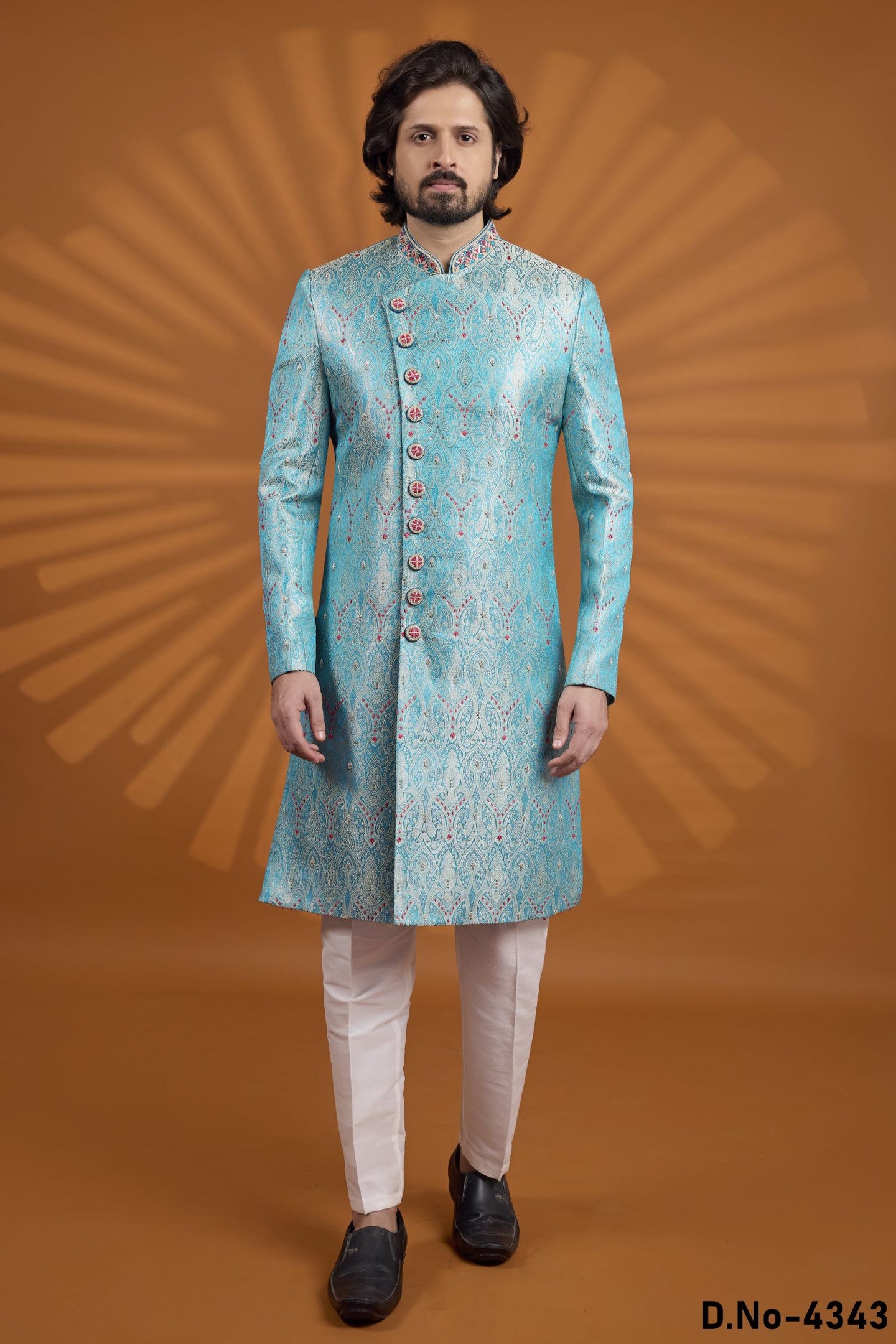 Firozi Jacquard Silk Indian Wedding Male Outfit with Embroidery Kurta Pajama
