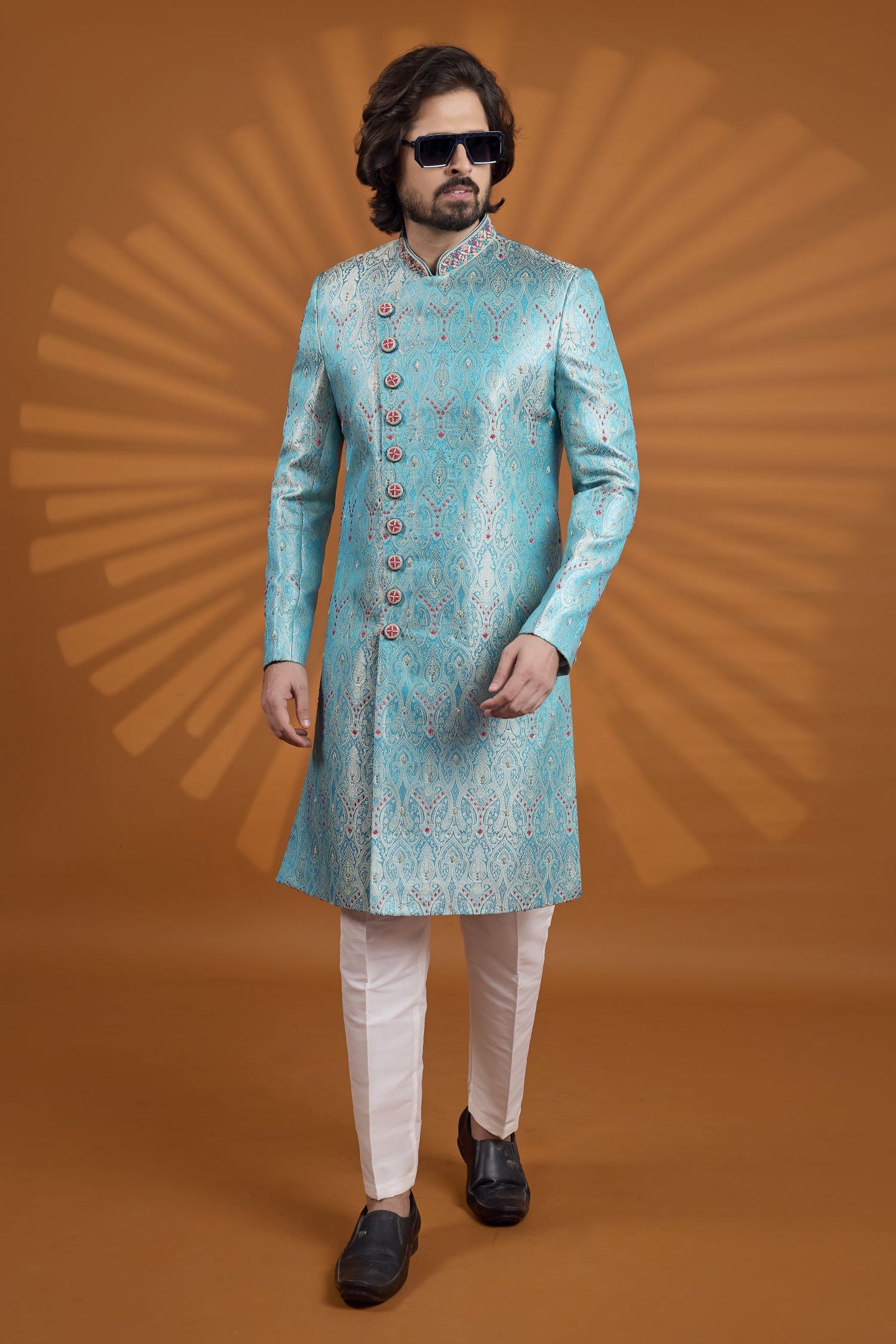 Firozi Jacquard Silk Indian Wedding Male Outfit with Embroidery Kurta Pajama