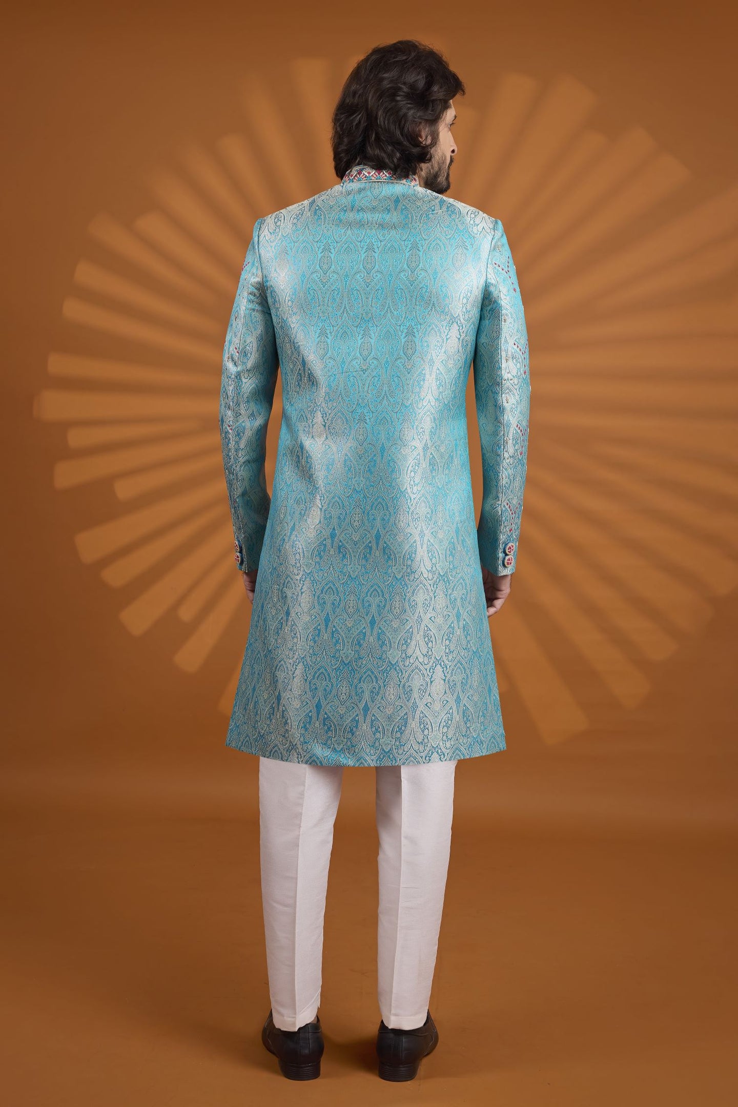 Firozi Jacquard Silk Indian Wedding Male Outfit with Embroidery Kurta Pajama