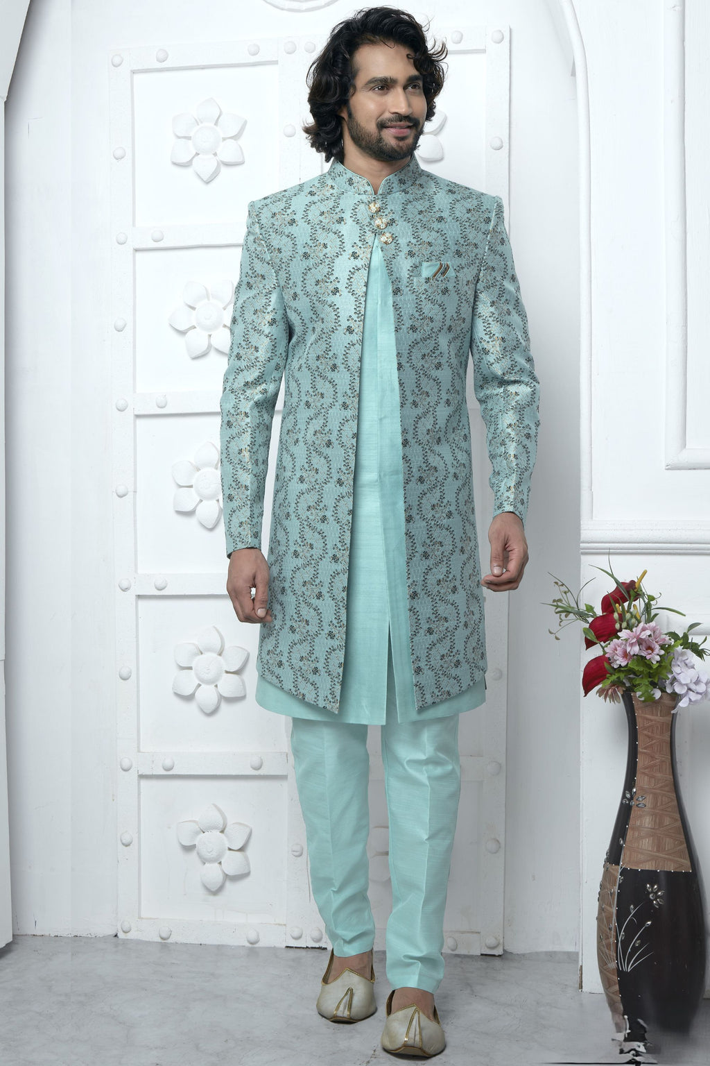 Sky Blue Jacquard Silk Indowestern Suit Long Kurta with Jacket & Pant for Men for Wedding - Jacquard Work