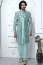 Sky Blue Jacquard Silk Indowestern Suit Long Kurta with Jacket & Pant for Men for Wedding - Jacquard Work