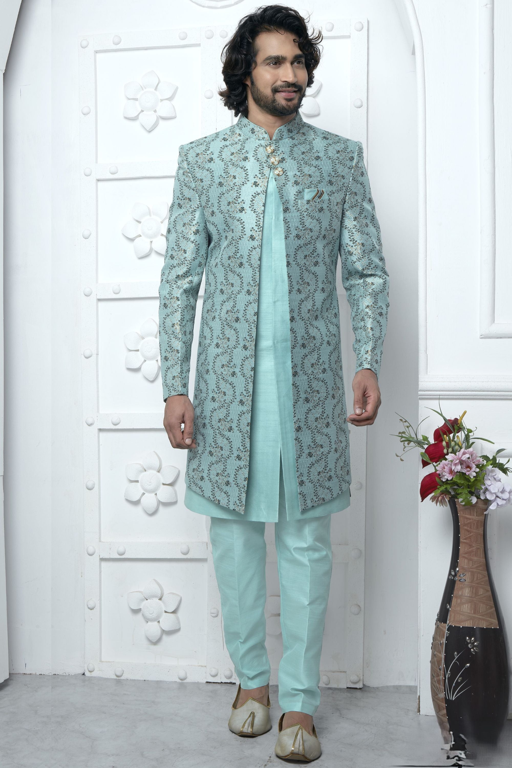 Sky Blue Jacquard Silk Indowestern Suit Long Kurta with Jacket & Pant for Men for Wedding - Jacquard Work