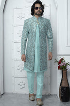 Sky Blue Jacquard Silk Indowestern Suit Long Kurta with Jacket & Pant for Men for Wedding - Jacquard Work
