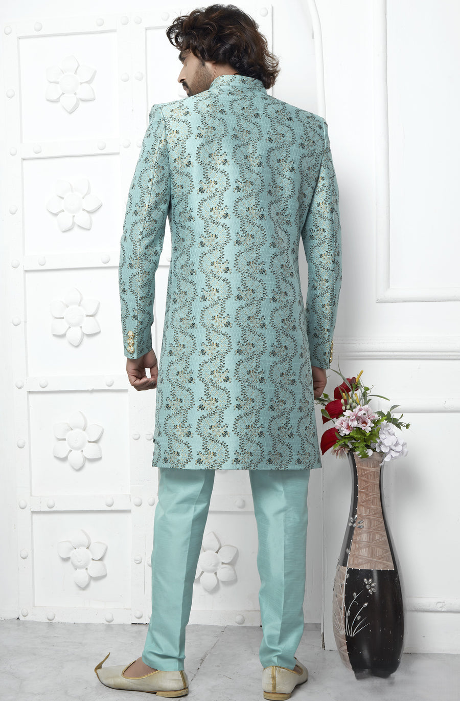 Sky Blue Jacquard Silk Indowestern Suit Long Kurta with Jacket & Pant for Men for Wedding - Jacquard Work