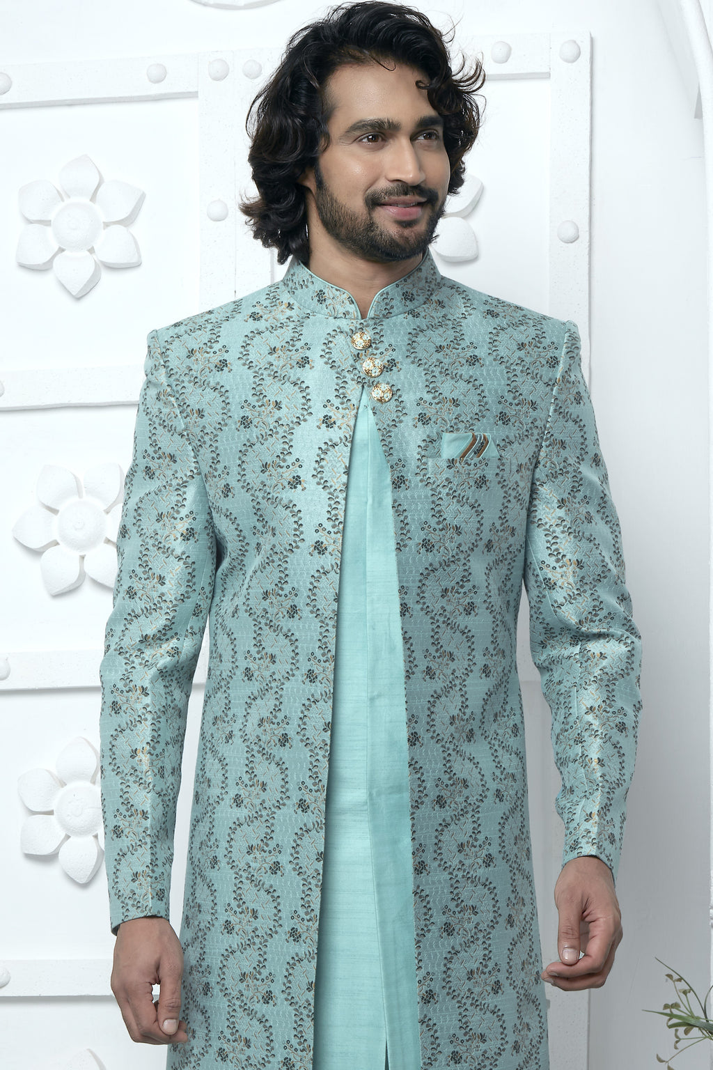 Sky Blue Jacquard Silk Indowestern Suit Long Kurta with Jacket & Pant for Men for Wedding - Jacquard Work