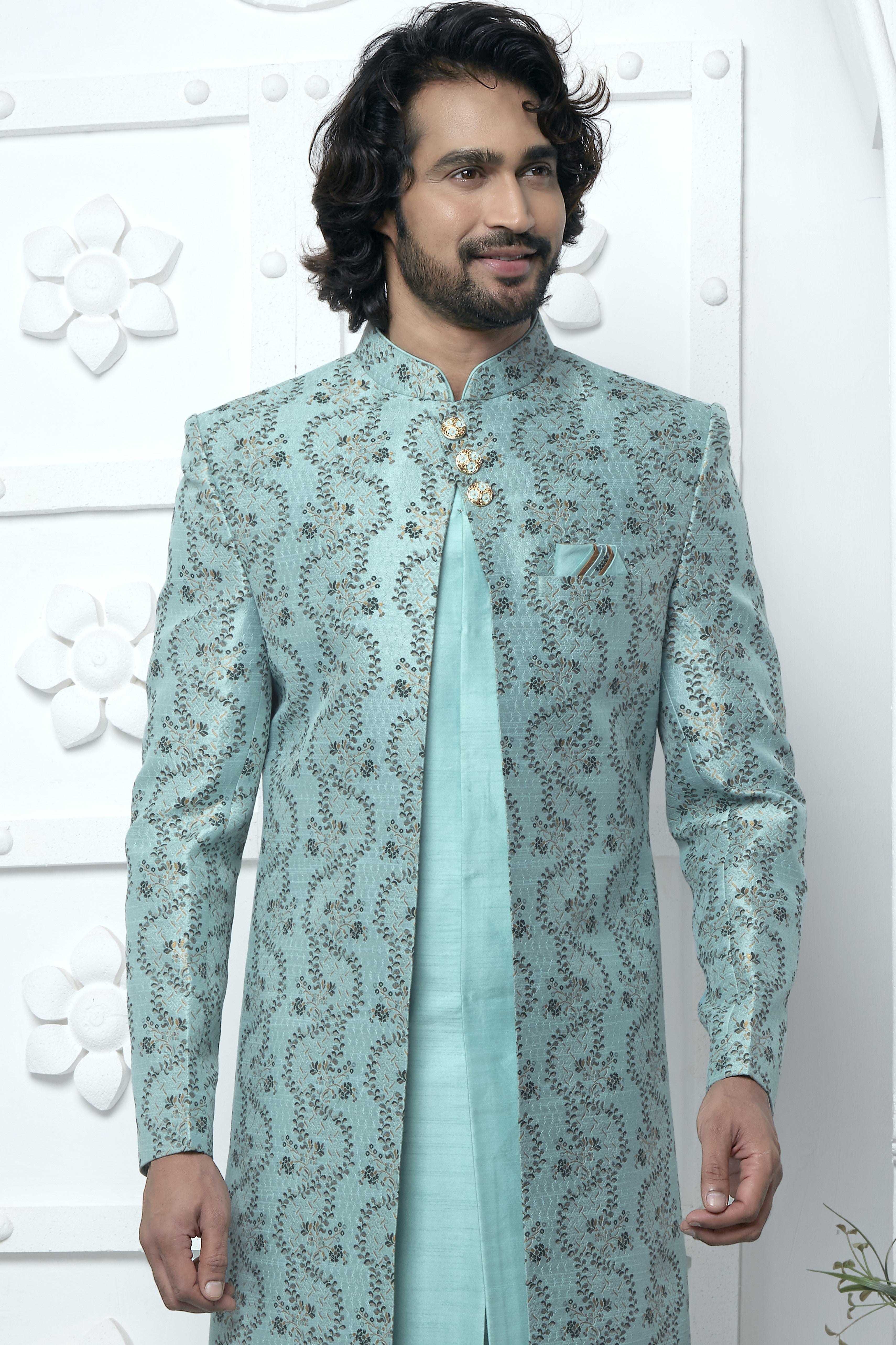 Sky Blue Jacquard Silk Indowestern Suit Long Kurta with Jacket & Pant for Men for Wedding - Jacquard Work
