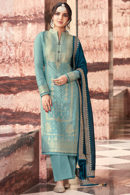 Sky Blue Jacquard Silk Kameez With Pant For Indian Suit Festivals & Pakistani Weddings Dress - Embroidery Work