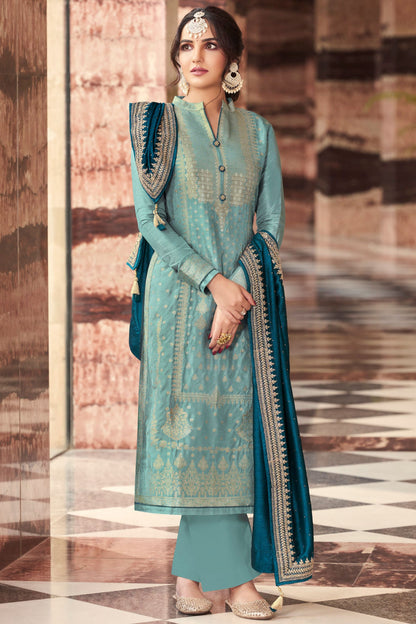 Sky Blue Jacquard Silk Kameez With Pant For Indian Suit Festivals & Pakistani Weddings Dress - Embroidery Work