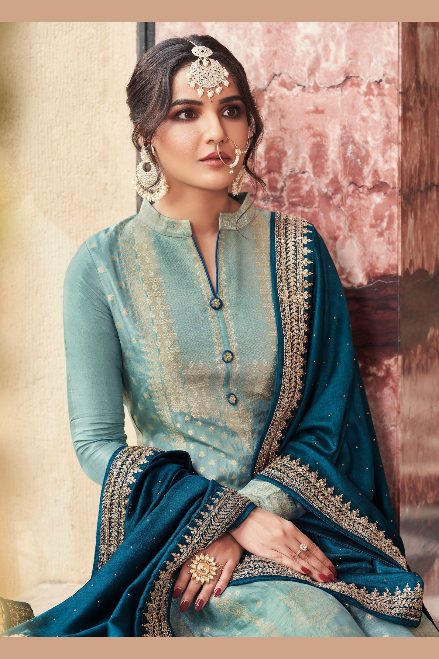 Sky Blue Jacquard Silk Kameez With Pant For Indian Suit Festivals & Pakistani Weddings Dress - Embroidery Work