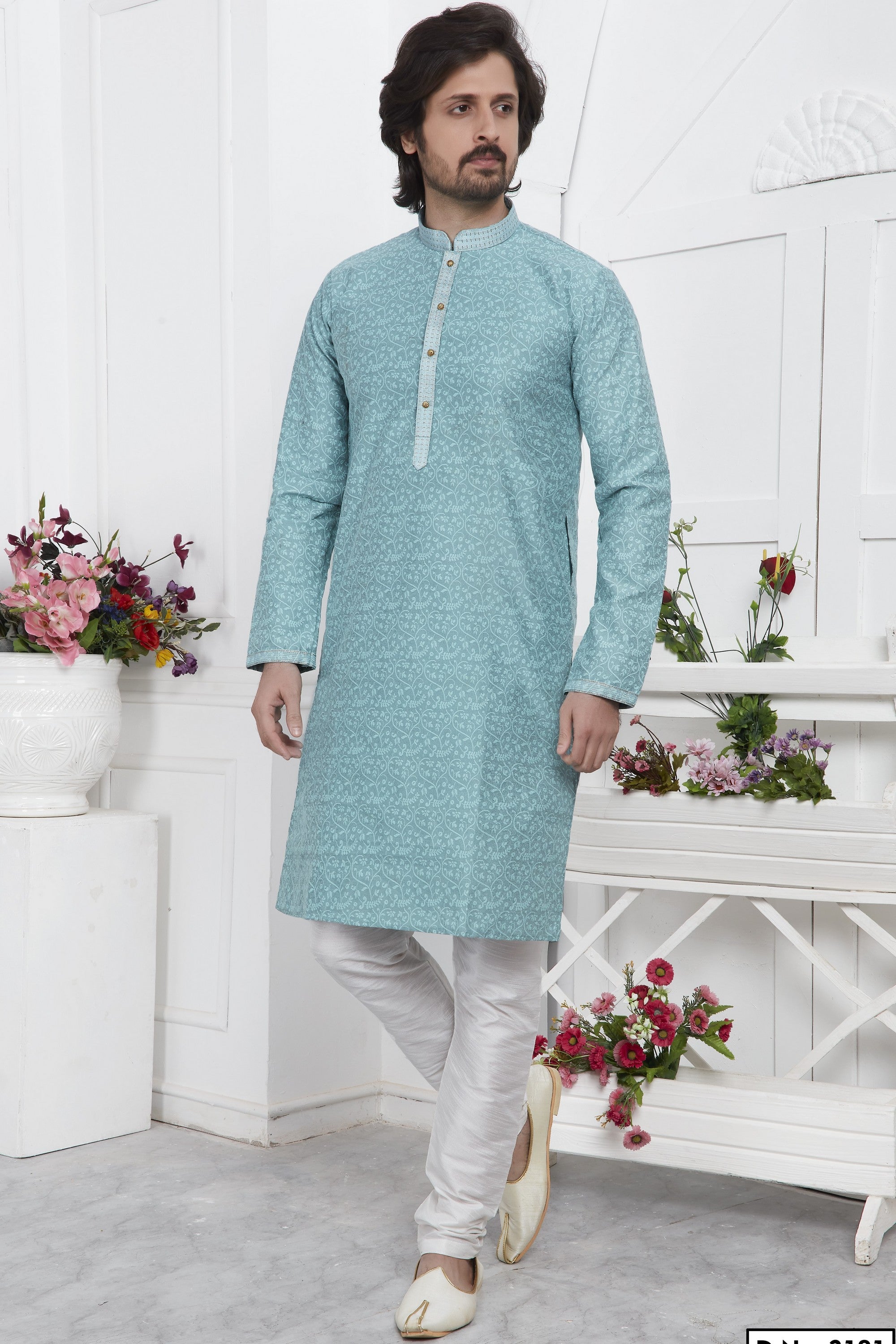 Sky Blue Jacquard Silk Plain Straight Kurta Pajama for Men for Wedding & Festival