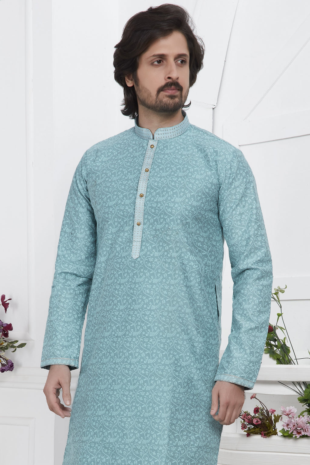 Sky Blue Jacquard Silk Plain Straight Kurta Pajama for Men for Wedding & Festival