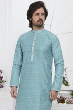 Sky Blue Jacquard Silk Plain Straight Kurta Pajama for Men for Wedding & Festival
