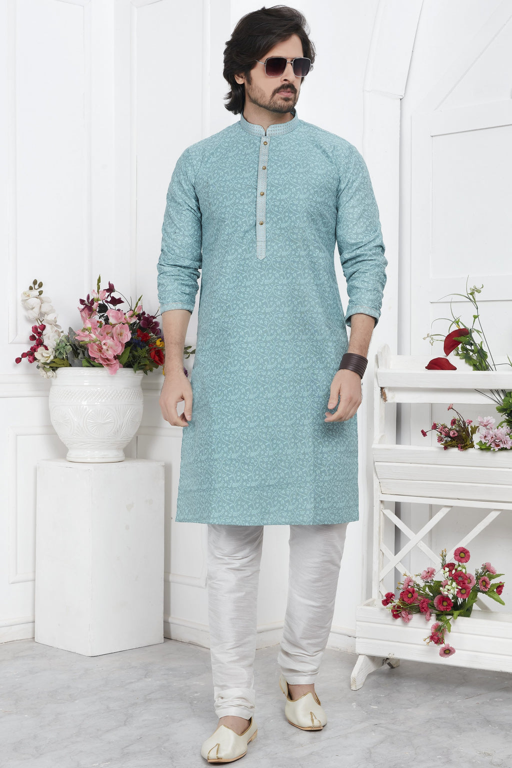 Sky Blue Jacquard Silk Plain Straight Kurta Pajama for Men for Wedding & Festival